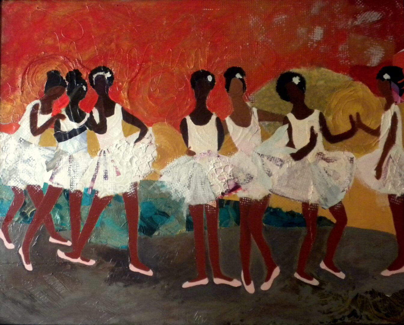 A painting of five ballerinas in white dresses.