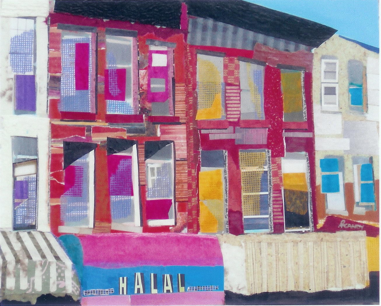 A painting of a building with many windows