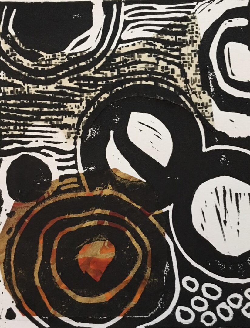 A close up of the painting with circles and lines