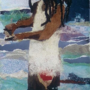 A painting of a man standing in the ocean.