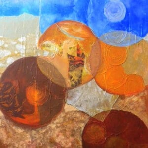 A painting of circles and shapes in the background.