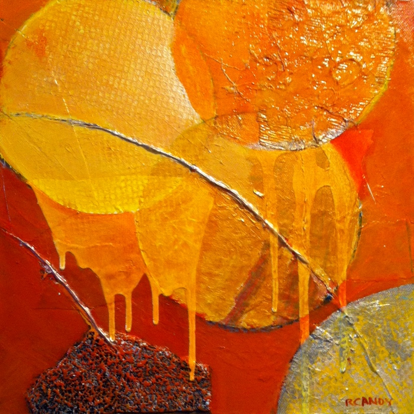 A painting of orange and yellow leaves on the ground