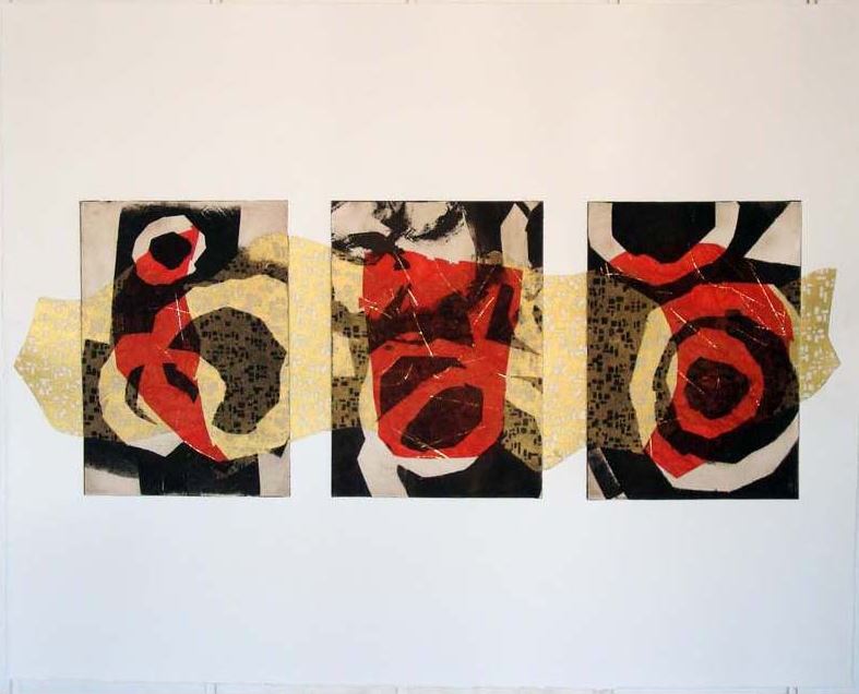 A triptych of red, black and white circles.