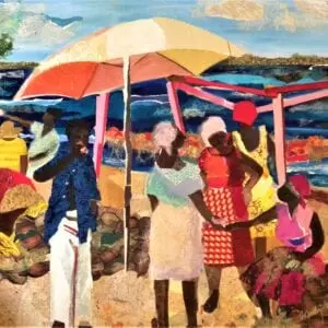 A painting of people on the beach under an umbrella