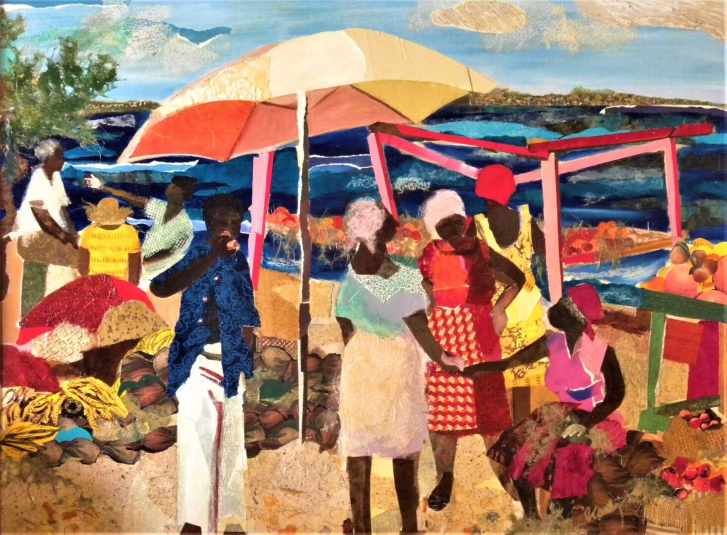 A painting of people on the beach under an umbrella