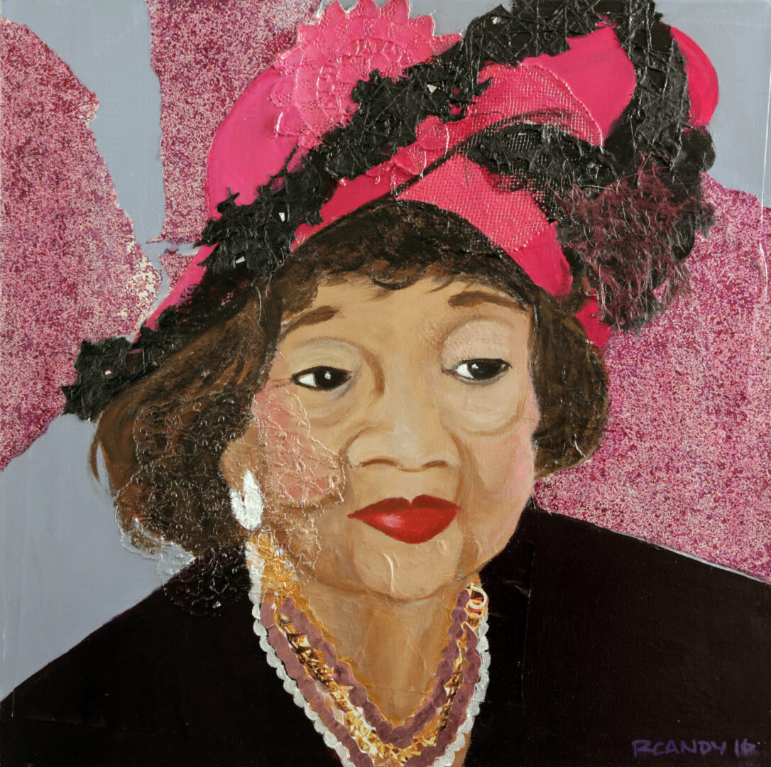 A painting of an older woman wearing a pink hat.