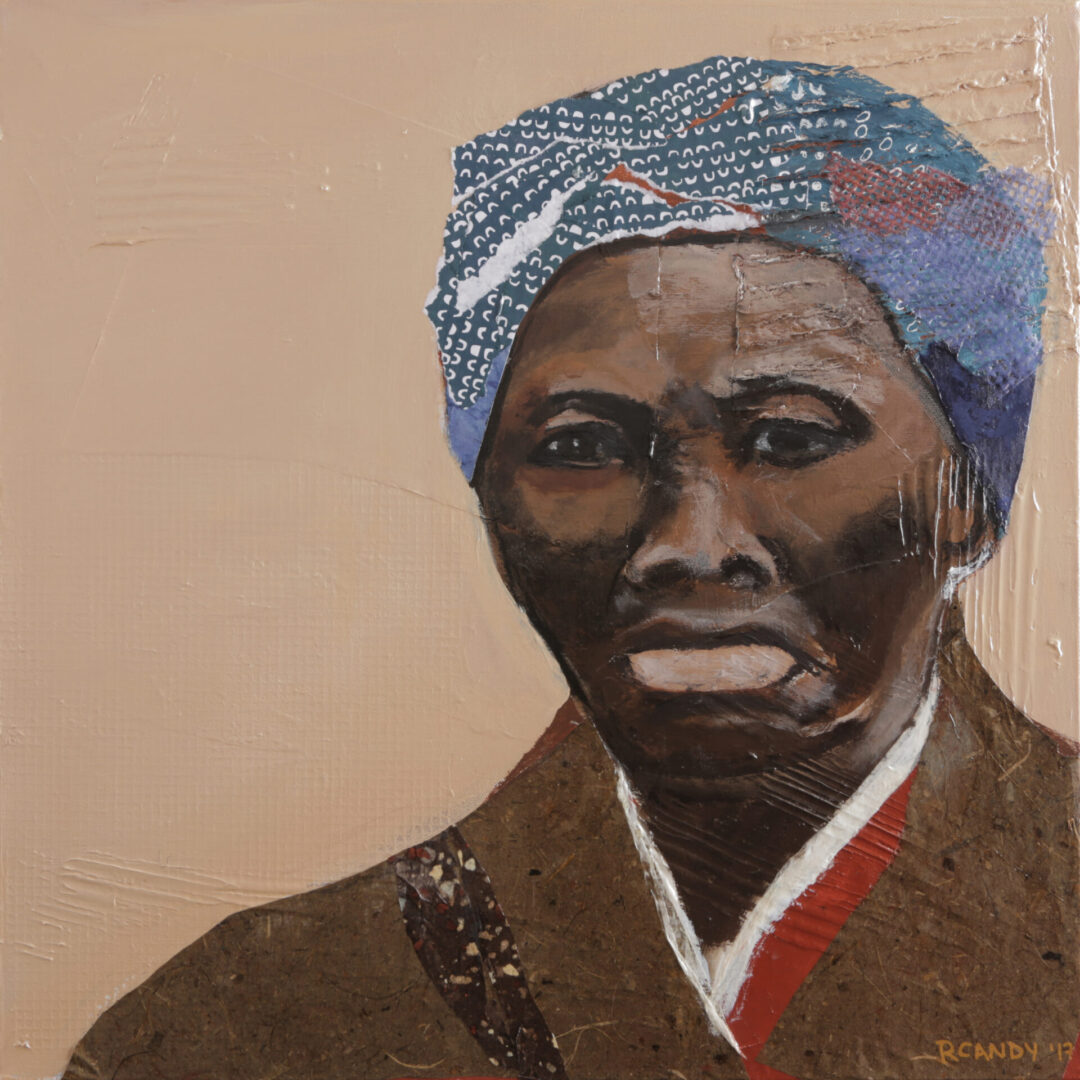 A painting of harriet tubman wearing a blue head scarf.