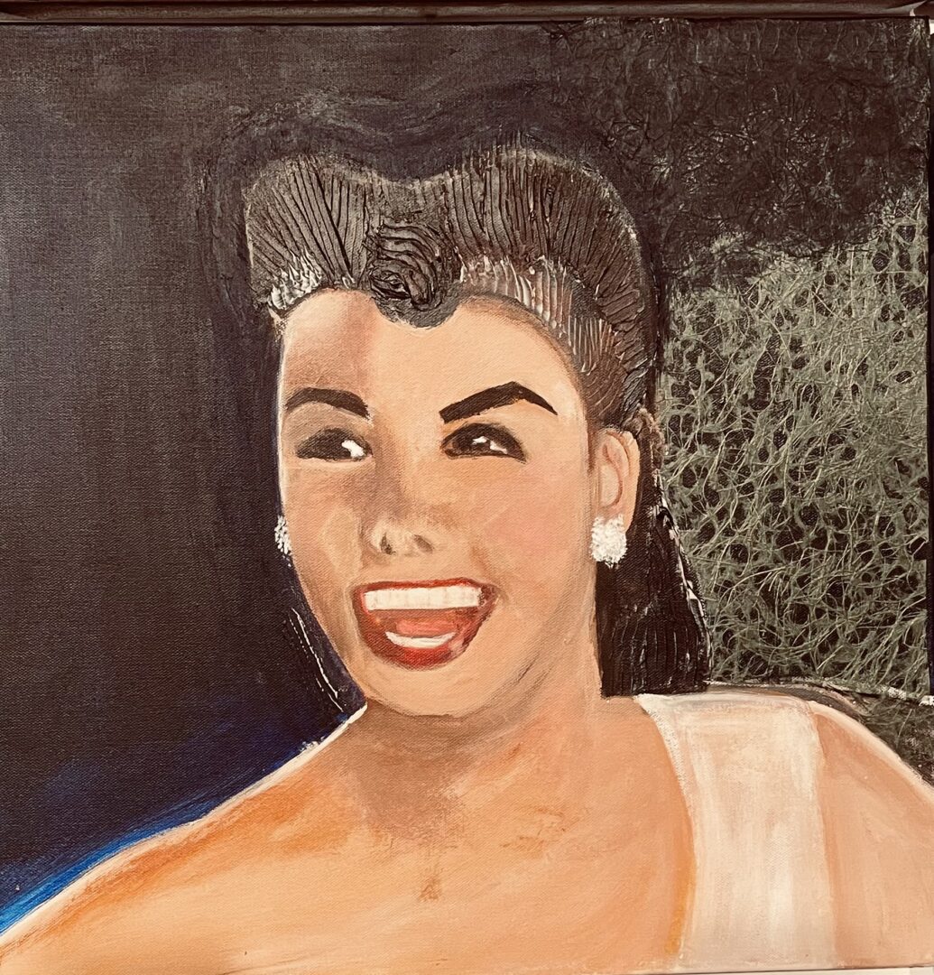 A painting of a woman with a big smile