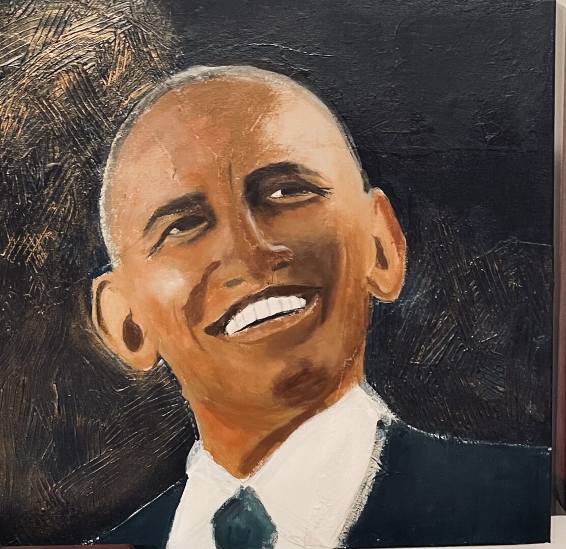 A painting of president obama smiling for the camera.