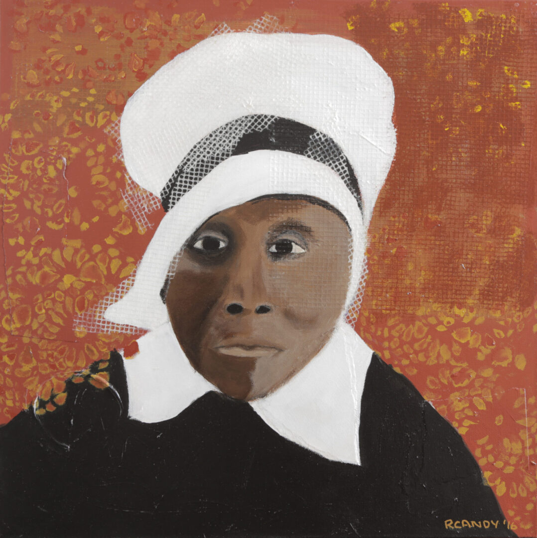 A painting of an african american woman wearing a white hat.