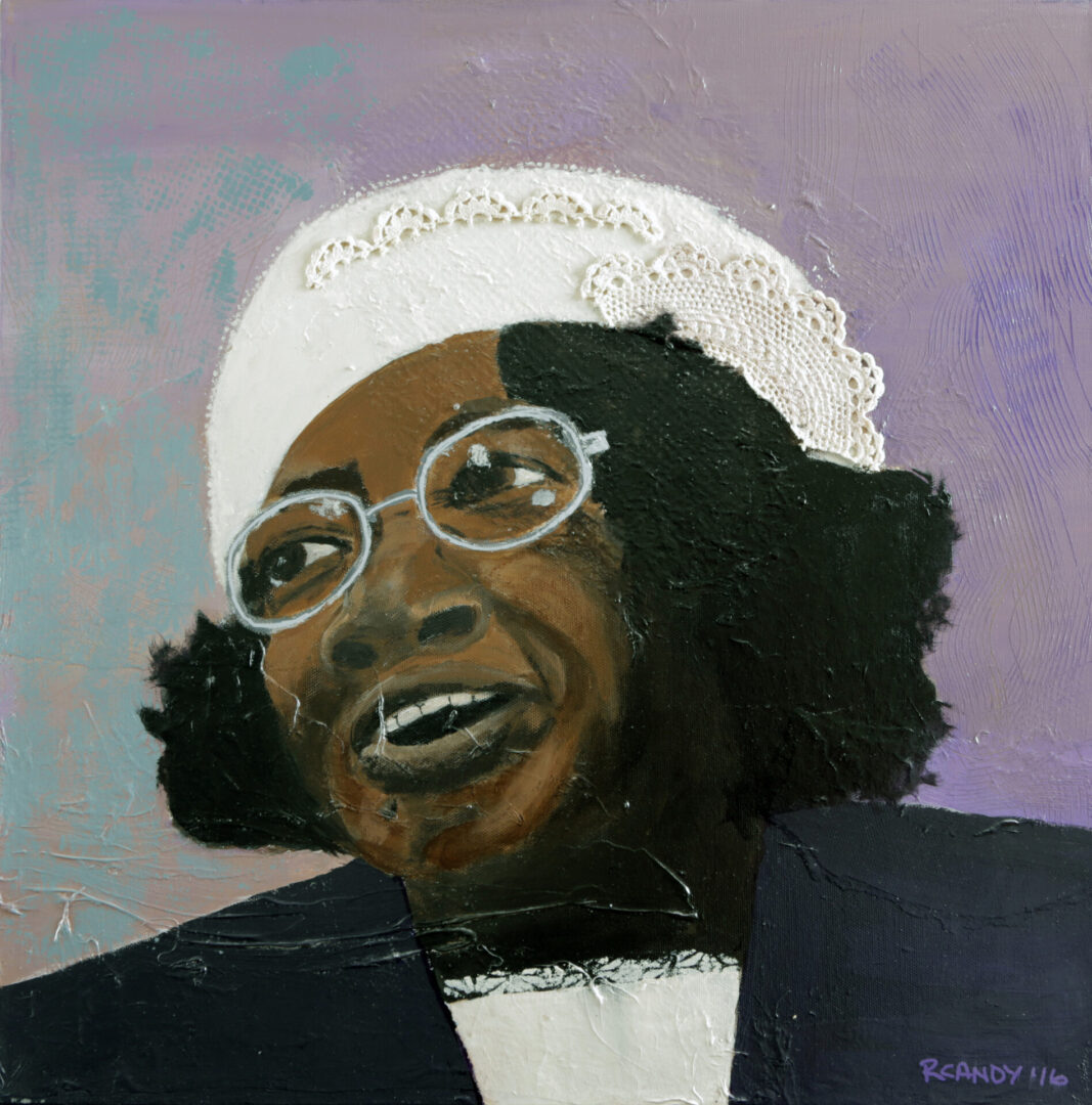 A painting of an older woman wearing glasses and a white hat.