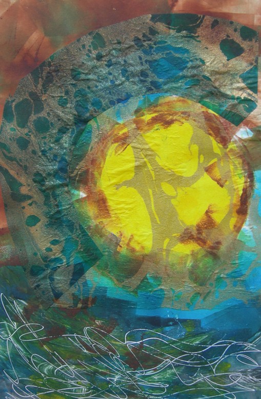 A yellow sun is shown in the middle of a painting.