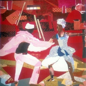 A painting of two people fighting in the middle of a room.