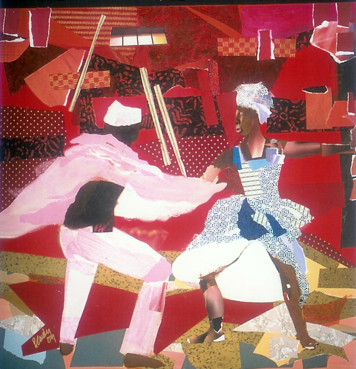 A painting of two people fighting in the middle of a room.