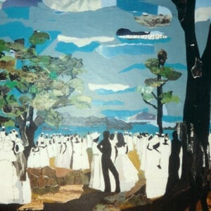 A painting of people in white clothes standing around trees.