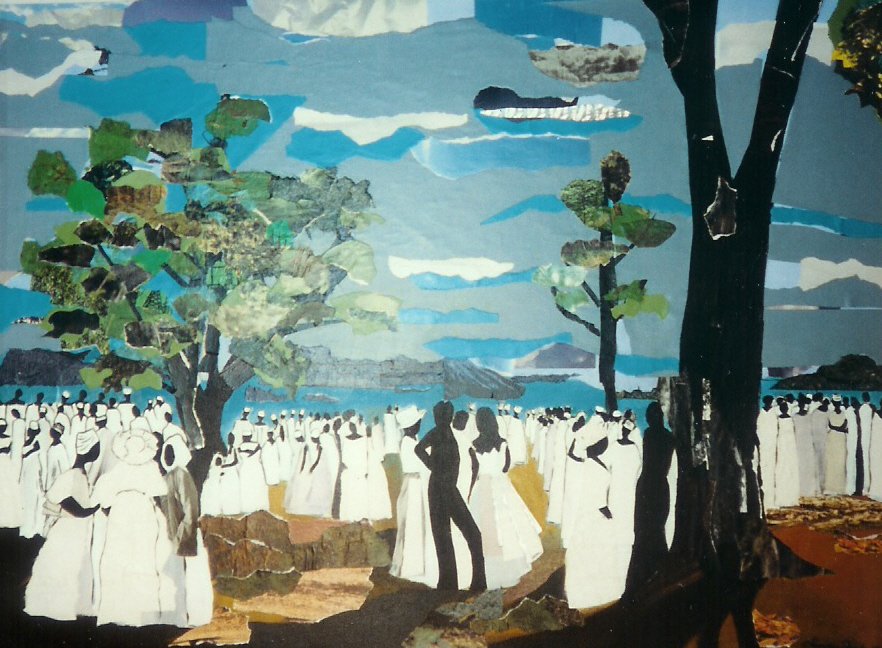 A painting of people in white clothes standing around trees.
