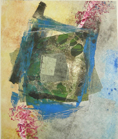 A painting of flowers and a square with blue squares
