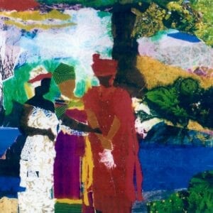 A painting of people standing in front of trees