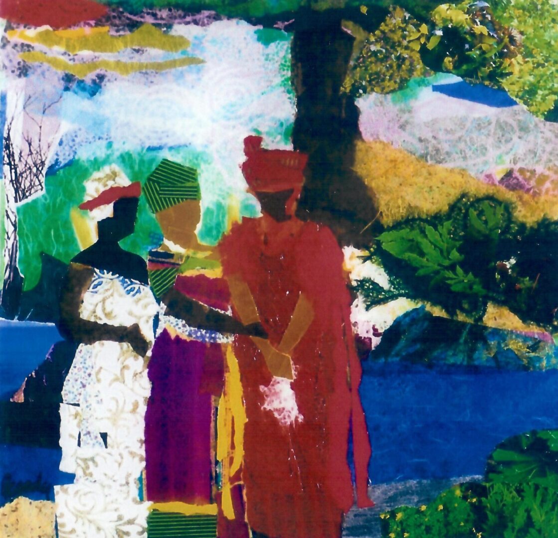 A painting of people standing in front of trees