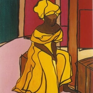 A painting of a woman in yellow dress