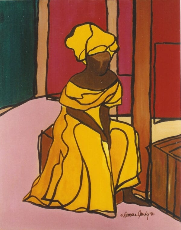 A painting of a woman in yellow dress