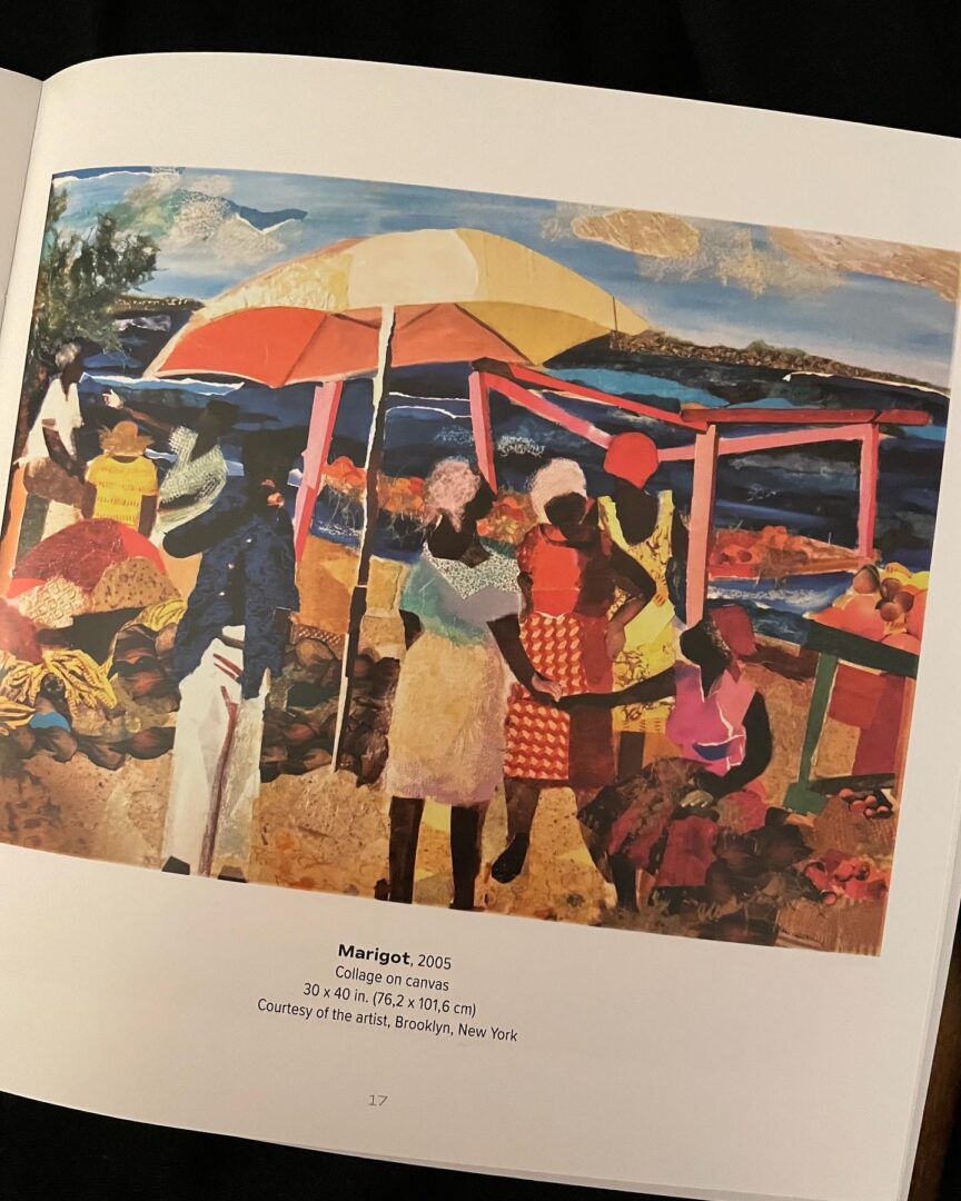 A painting of people under an umbrella.
