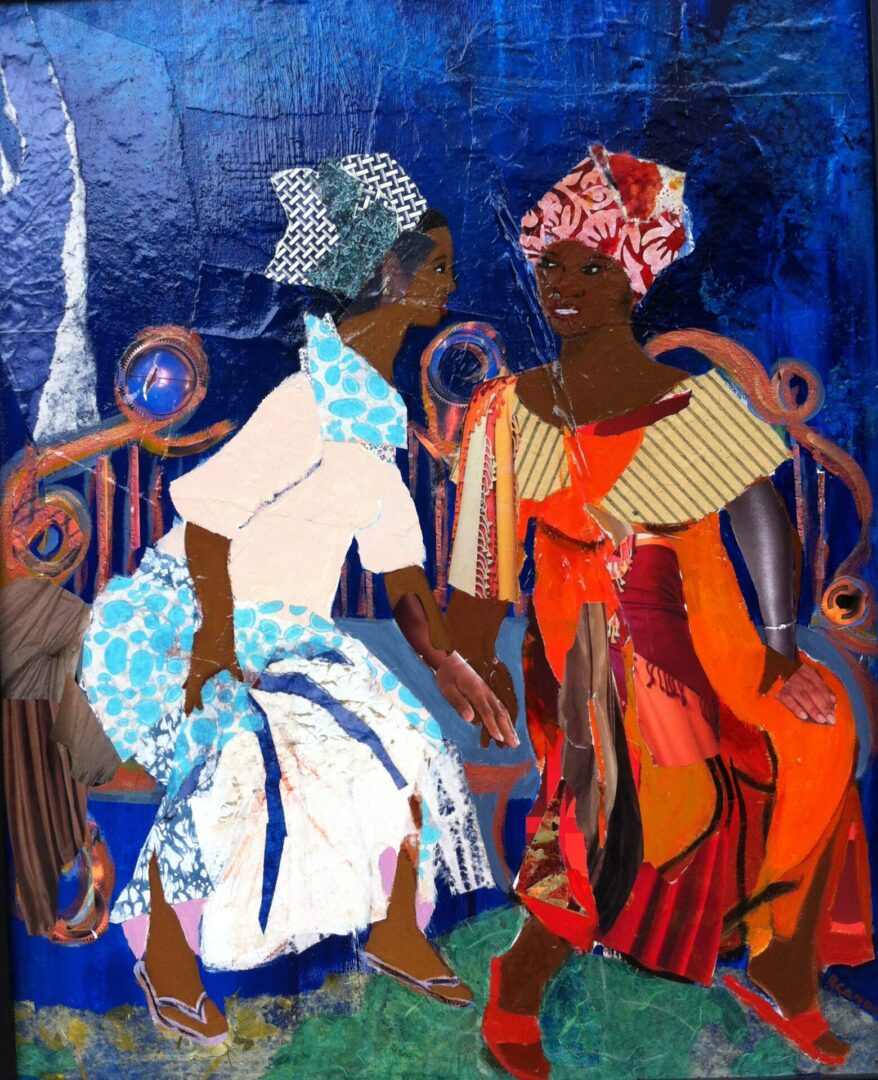Two women talking painting art