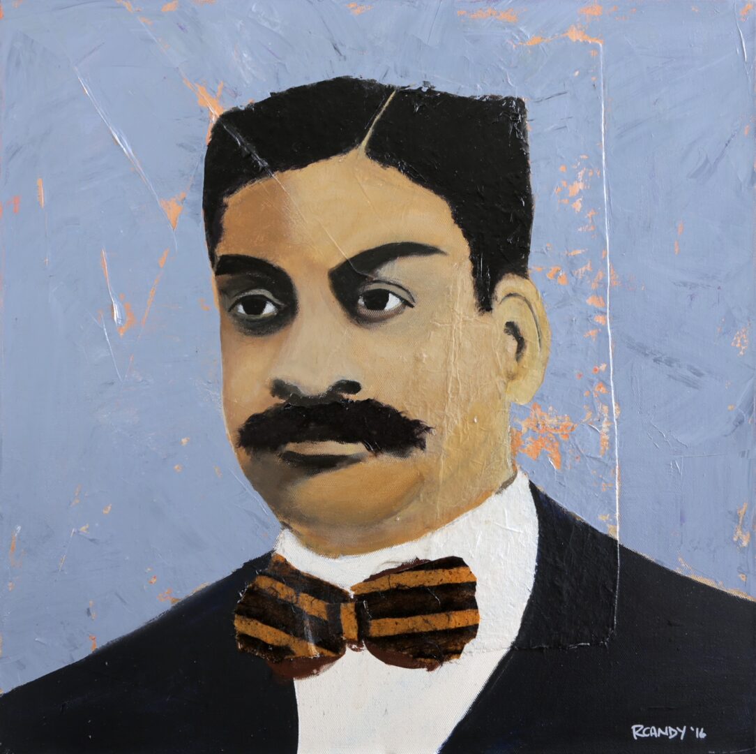 A painting of a man with a mustache wearing a suit and bow tie.