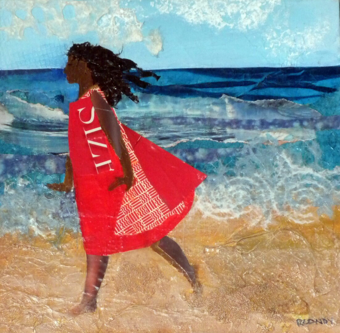 A painting of a woman walking on the beach