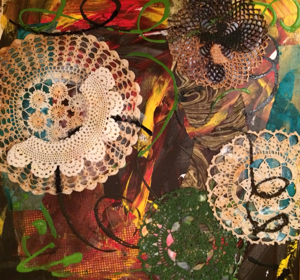Doilies mixed media colorful art canvas painting