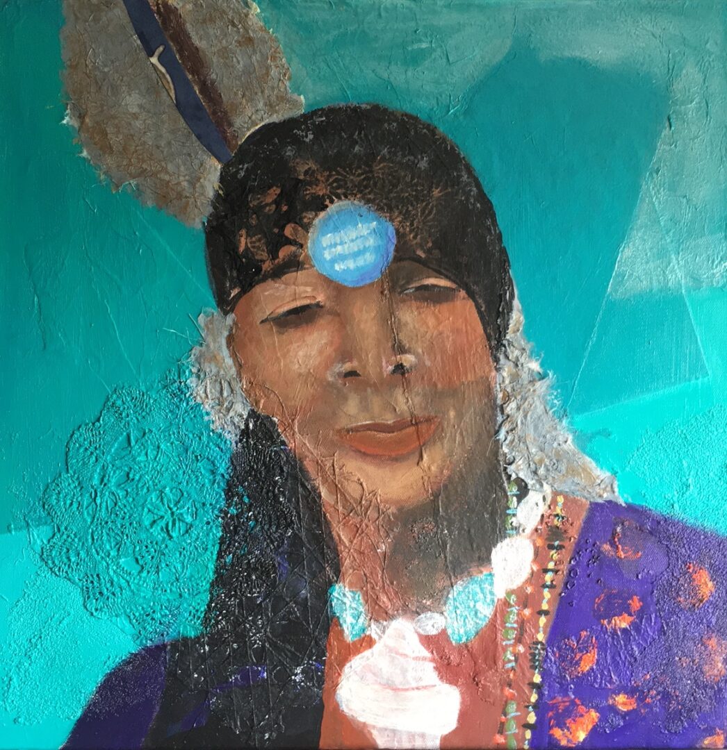 A painting of an indian woman with blue eyes.