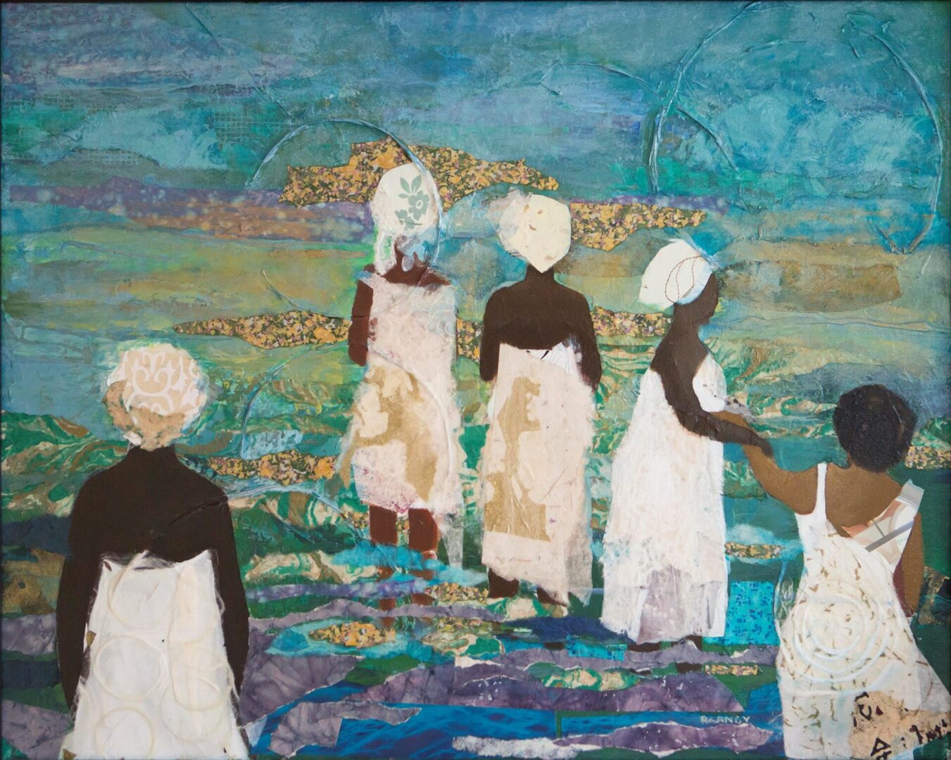 A group of women standing in front of a painting.