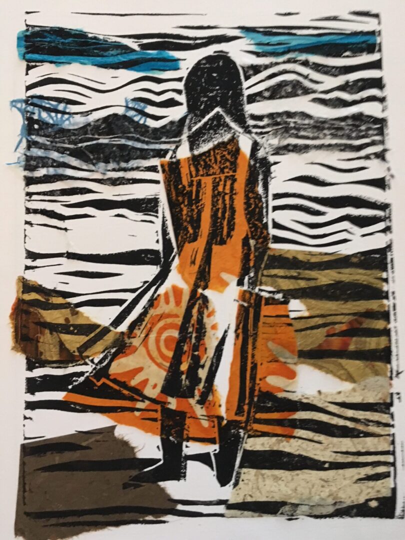 The girl at the feather stone monotype painting art