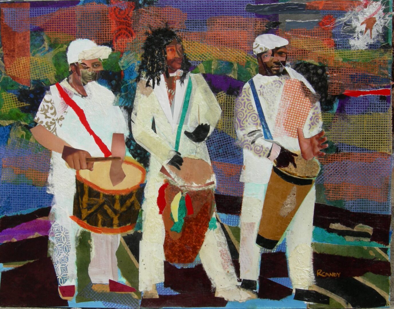 Three men in white are playing drums and one is holding a drum.