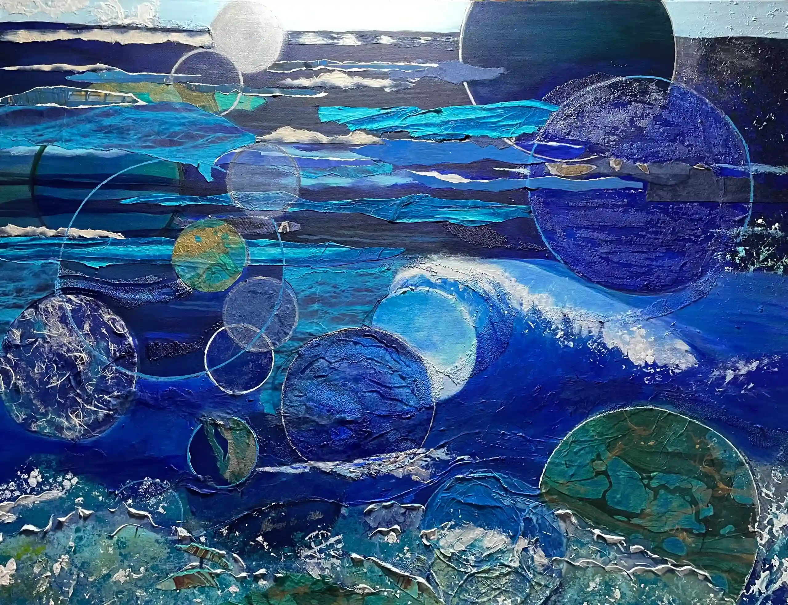 A painting of the ocean with bubbles in it.