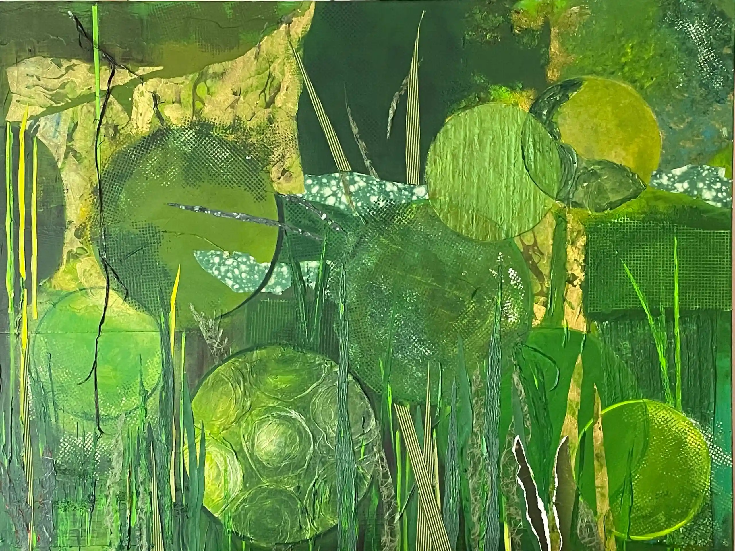 A painting of green plants and trees